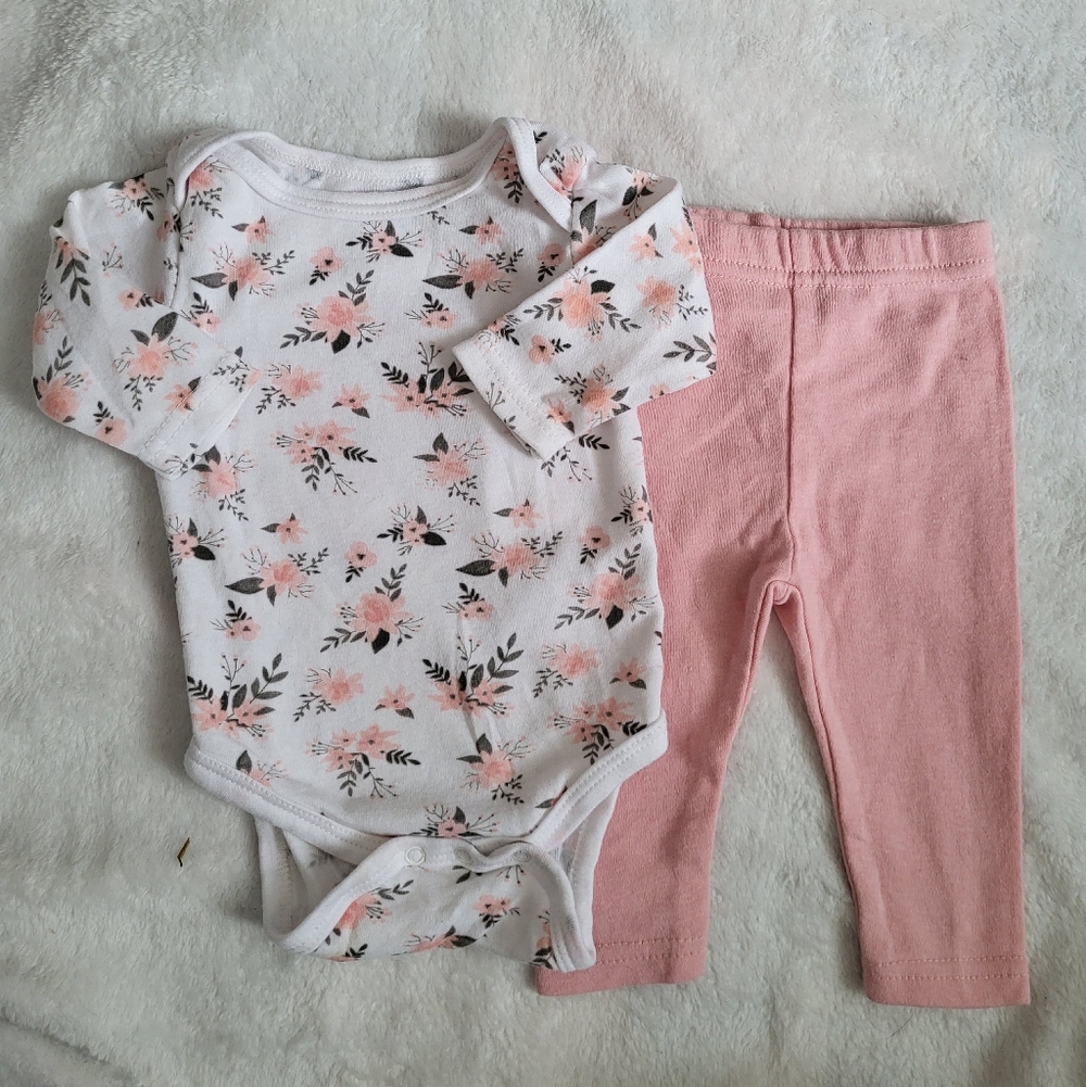 Bon Bebe EUC 0-3m Floral Bodysuit and Pink Pants Set